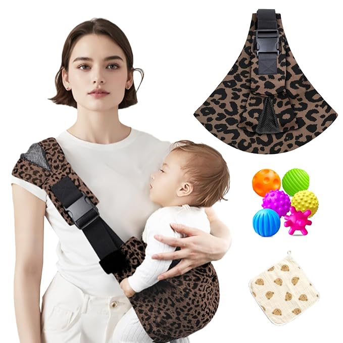 Baby Sling Carrier Adjustable Baby Sling 2025 Upgraded Toddler Sling Comfortable Baby Wrap Carriers Ergonomic-Designed, Travel Friendly Carrying 10-45 LbsLeopard-CubbioJoy