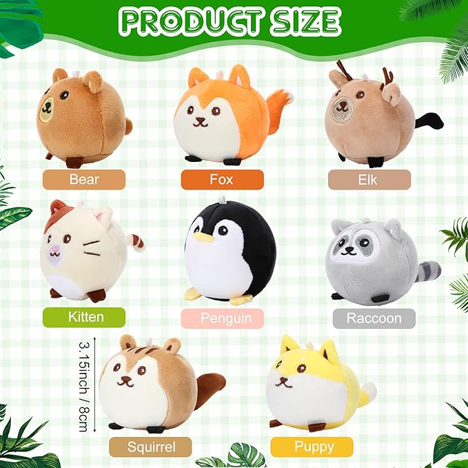 Aoriher 8 Pcs Mini Woodland Animals Plush Toys 3.15 Inch Soft Stuffed Animals Ornaments Bulk Colorful Woodland Keychain for Birthday Baby Shower Party Decors Classroom Prizes(Regular Style)-CubbioJoy