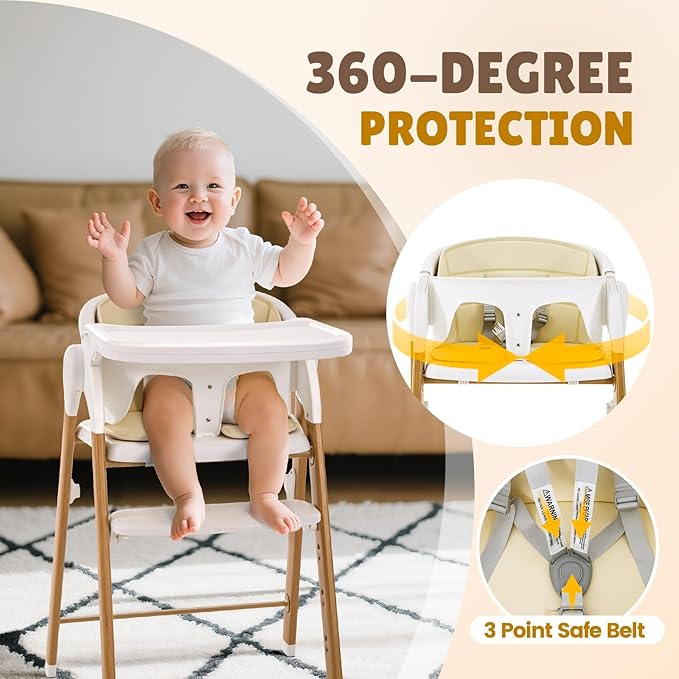 Convertible High Chairs for Babies & Toddlers. 5-in-1 Adjustable High Chair with Removable Tray, Easy to Clean, Portable (White Khaki)-CubbioJoy