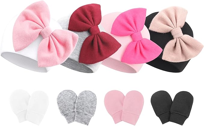 BQUBO Newborn Baby Hats Mittens Set Hospital Hat Beanie Infant Bow Hats Baby Gloves No Scratch Mittens for 0-6 Months-CubbioJoy