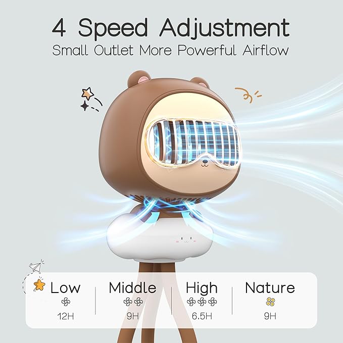 Cute Bear Stroller Fan Clip On for Baby, Portable Bladeless Fans 4 Speeds Oscillating, 4000mAh Rechargeable Battery Powered, Flexible Tripod Strong Cooling for Bedside Crib Car Seat-CubbioJoy