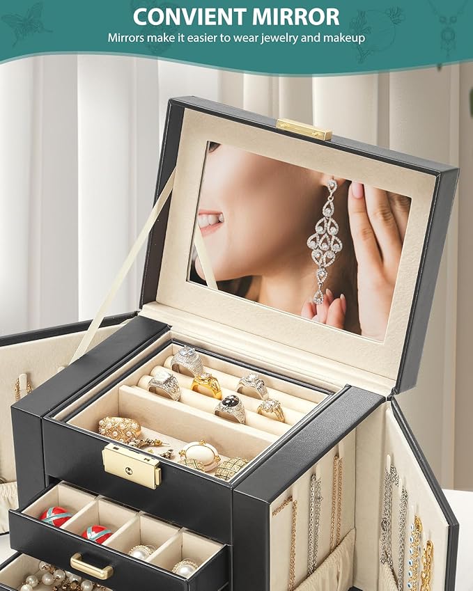 AKOZLIN 4-Tier Jewelry Box Leather Jewelry Storage Organizer with 3 Drawers Lockable for Women Girls Ring Necklace Earring Bracelet Holder with Mirror Black-CubbioJoy