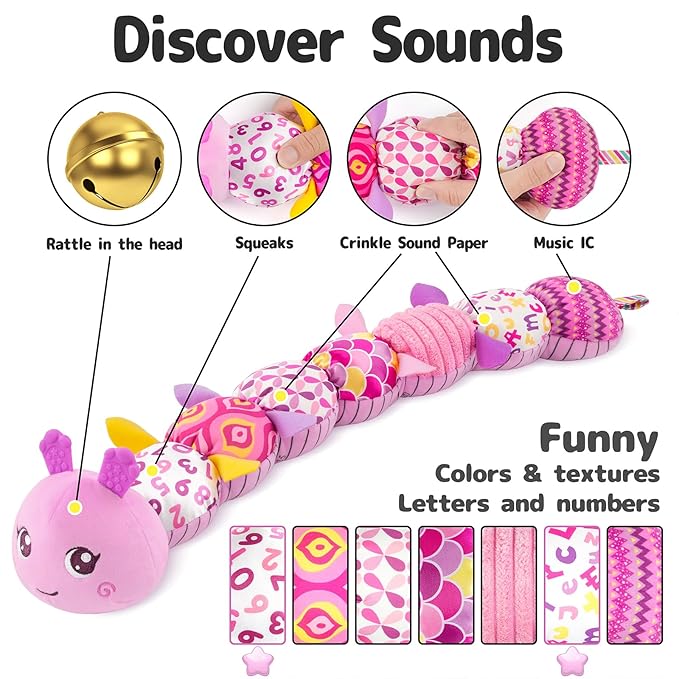 Infant Baby Musical Stuffed Animal Activity Soft Toys with Multi-Sensory Crinkle, Rattle and Textures for 0-3-6-12 Months Developmental Toys, Caterpillar, Purple-CubbioJoy