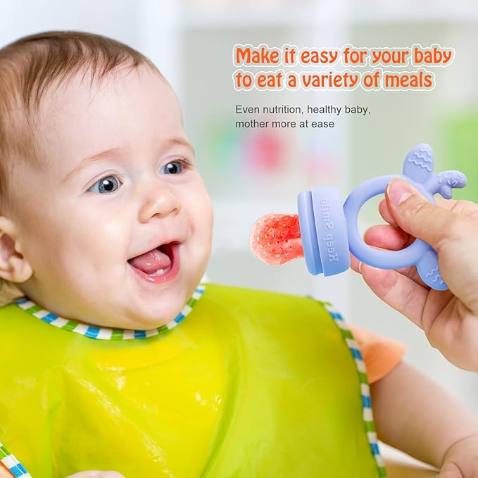 Baby Solids/Frozen Fruit Feeder Pacifier, Infant Teether Toy 4M+, BPA-Free Silicone Pouch & Nipple, Safely Introduce Solids, Teething Relief, 2-Pack (Deer - Green Purple, S/M/L)-CubbioJoy