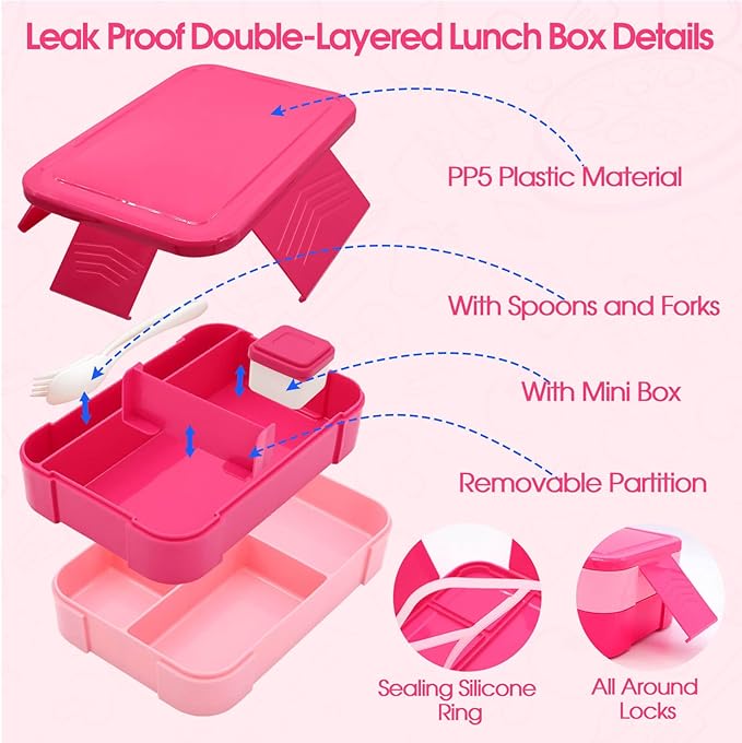 Bento Lunch Box Set for Kids with 10oz Thermo Food Jar, Leak-Proof Lunch Containers with 6 Compartment, Nylon Preppy Lunch Bag with Adjustable Strap for Girls School Travel Picnic-CubbioJoy