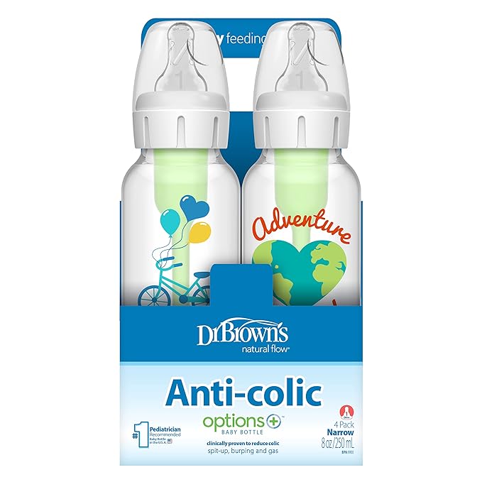 Dr. Brown's Natural Flow Anti-Colic Options+ Narrow Baby Bottle, Dream Adventure, 8 oz/250 mL, with Level 1 Slow Flow Nipple, 0m+, 4 Count (Pack of 1)-CubbioJoy