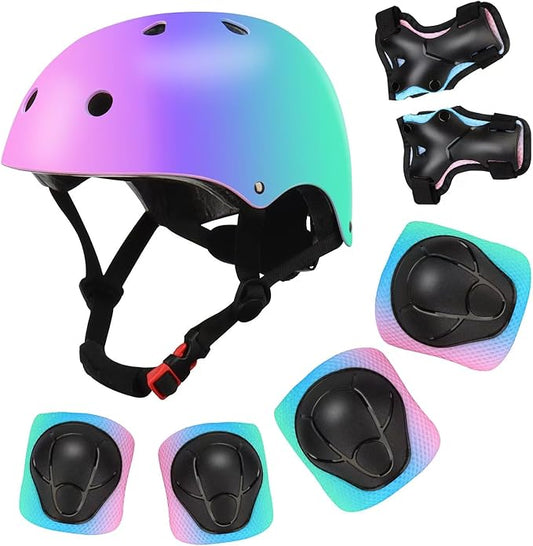Color Gradient Adjustable Kids' Helmet with Knee & Elbow Pads Set | Multi-Sport Safety Gear for Boys & Girls Ages 5-14 | Skateboarding, Scooters, Roller & Inline Skating, Longboarding-CubbioJoy