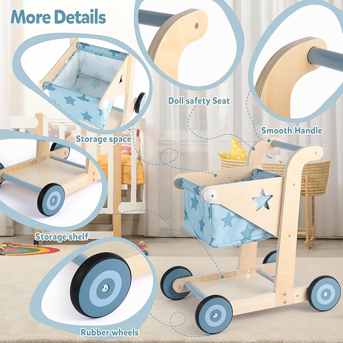 Asweets 2 in 1 Wooden Baby Walker Push and Pull Doll Stroller, Shopping Cart Learning Walker for Boys and Girls, Sit Stand Learning Toddler Toy (Blue)-CubbioJoy