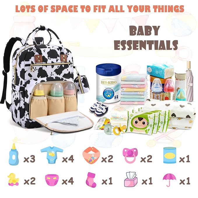 Baby Diaper Bag Backpack, Travel Diaper Bags for Baby Girl Boy Large Capacity Baby Bag Backpack for Women Cow Print-CubbioJoy