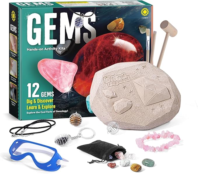 12PCS Gemstone Dig Kit for Kids – Dig Up Gems & Make Necklaces, Bracelets, Keychains – STEM Crystal Jewelry Craft Kit with Safety Goggles – Gift for Girls & Boys Ages 6 7 8 9 10 11 12-CubbioJoy