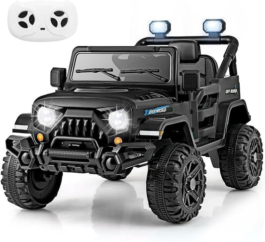 Costzon 12V Kids Ride on Truck Car, Electric Vehicle w/Remote Control, Threaded Wheels, 3 Speeds, LED Lights, Music, Horn & Wireless Connection, Battery Powered Ride on Toy for Boys & Girls 3+ (Black)-CubbioJoy