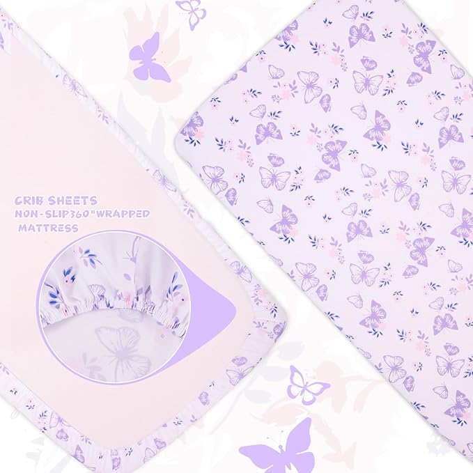 Cloele Crib Bedding Set for Girls, 3 Pieces Floral Butterfly Baby Bedding Set -Includes Comforter Fitted Sheet Crib Skirt,Standard Size Nursery Baby Crib Set for Girls,Purple-CubbioJoy