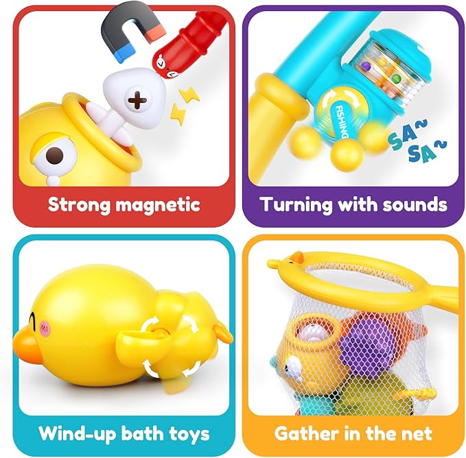 Baby Bath Toys for Kids Ages 1-3, Magnetic Fishing Games with Floating Bathtub Wind-Up Toys & Fishing Net, Fishing Rod Water Pool Toys for Toddlers 1-3-CubbioJoy