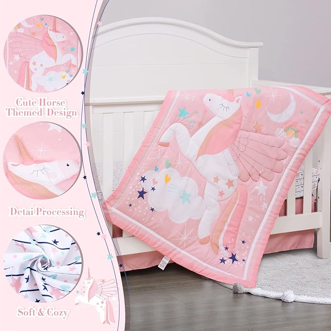 Cloele Pink Crib Bedding Set for Girls- 4 Piece Unicorns Baby Comforter Bed Set Includes Crib Skirt Quilt Fitted Sheet Toddler Pillowcase - Pink Soft Nursery Baby Bedding Set for Girls-CubbioJoy