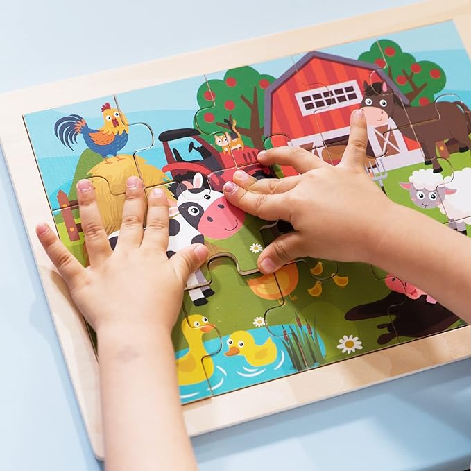 Animals Wooden Jigsaw Puzzle for Kids Set of 2 - African Wildlife and Farm Animals（15 pcs） Preschool Educational Learning Toys Gift for Toddlers Boys and Girls-CubbioJoy