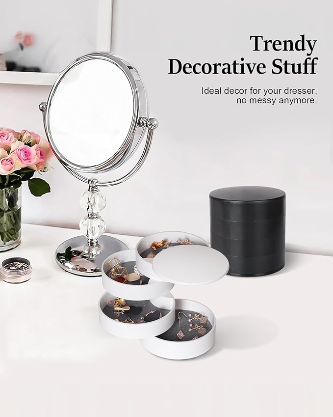 CONBOLA Jewelry Organizer, Small Jewelry Storage Box Earring Holder for Women, 5-Layer Rotating Travel Jewelry Tray Case with Lid for Bracelets Rings Bracelets, Gift for Women Teen Girls(White)-CubbioJoy