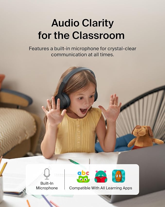 Belkin SoundForm Mini Kids Wireless Headphones w/Built-in Microphone, 30H of Playback Time, & Fun Stickers - Over-Ear Headsets for Online Learning, School, Travel, iPhone, iPad, Galaxy & More - Black-CubbioJoy