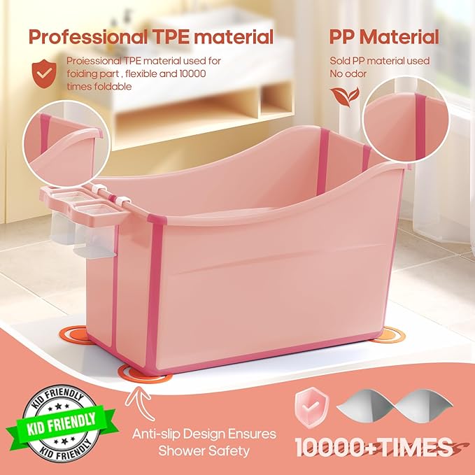 Collapsible Baby Bathtub Foldable Bathtub for Toddler Portable Large Foldable Bath Tub Bathtub for Kids Petite with Thermometer and Storage Basket (Pink)-CubbioJoy