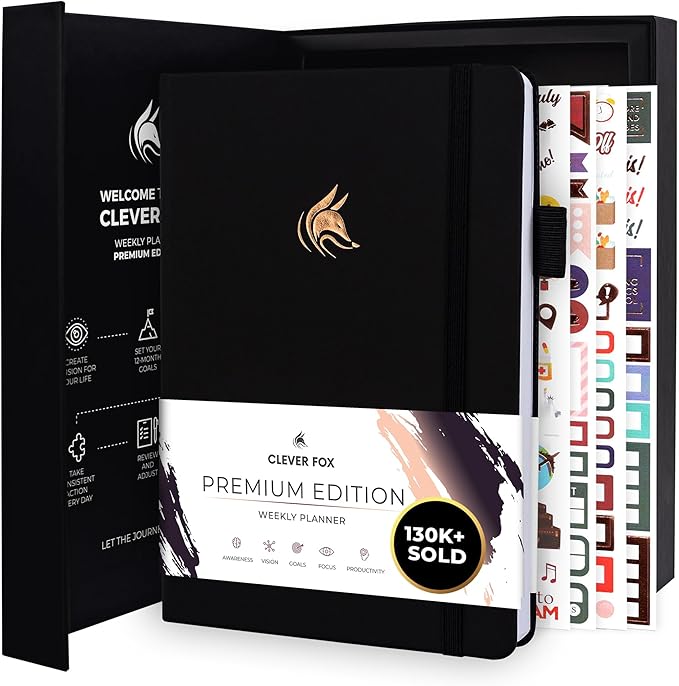 Clever Fox Planner Premium Edition – Undated Luxurious Weekly & Monthly Planner to Increase Productivity and Hit Your Goals – Organizer – Start Anytime, A5, Lasts 1 Year, Black (Weekly)-CubbioJoy