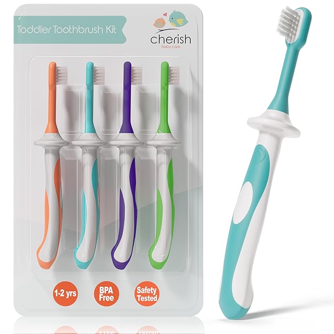 Cherish Baby Care Toddler Toothbrushes 1-2 Years (4-Pack) - BPA-Free & Safety-Tested Kids Toothbrush Kit, Designed by a Pediatric Dentist, Soft-Grip Toothbrush for Kids, My First Toothbrush Set-CubbioJoy