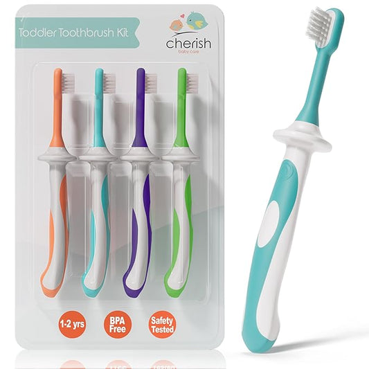 Cherish Baby Care Toddler Toothbrushes 1-2 Years (4-Pack) - BPA-Free & Safety-Tested Kids Toothbrush Kit, Designed by a Pediatric Dentist, Soft-Grip Toothbrush for Kids, My First Toothbrush Set-CubbioJoy