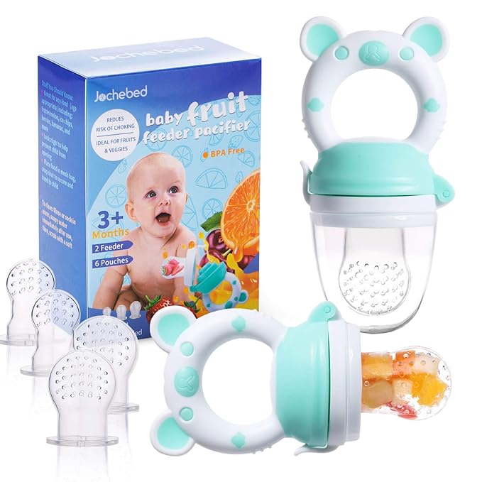 Baby Fruit Food Feeder Pacifier - Fresh Food Feeder, Infant Fruit Teething Teether Toy for 3-24 Months, 6 Pcs Silicone Pouches for Toddlers & Kids & Babies, 2-Pack (Cyan)-CubbioJoy
