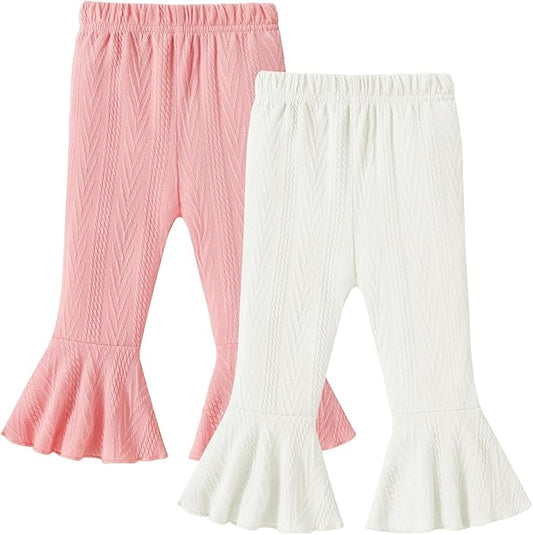 2 Pack Toddler Baby Girl Pants Flare Leggings Ribbed Knit Newborn Bell Bottoms Solid Ruffle Infant Pants for Girls-CubbioJoy