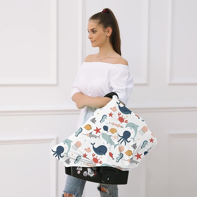 Carseat Cover Boy and Girls - Multi-use Nursing Car Seat Canopy Cover for Breastfeeding, Infant Stroller Cover, High Chair Cover (Cute Fish)-CubbioJoy