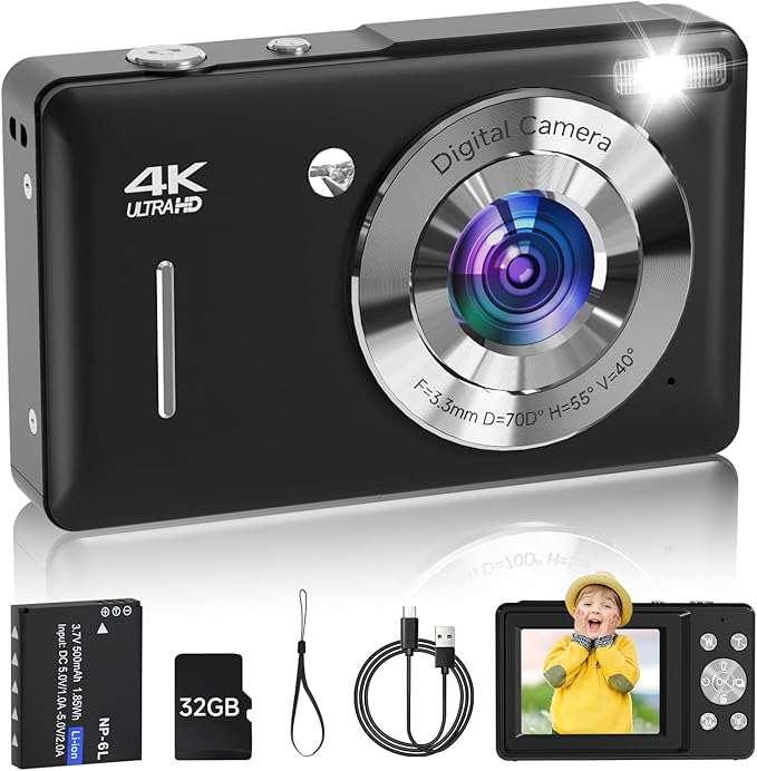 Digital Camera for Kids, FHD 1080P 44MP Point and Shoot Digital Camera with Face Detect, Smile Capture, 18X Zoom, 20 Filters, Anti Shake, 32GB SD Card Blcak Compact Vintage Camera for Kids Boys Girls-CubbioJoy