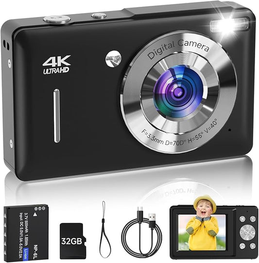 Digital Camera for Kids, FHD 1080P 44MP Point and Shoot Digital Camera with Face Detect, Smile Capture, 18X Zoom, 20 Filters, Anti Shake, 32GB SD Card Blcak Compact Vintage Camera for Kids Boys Girls-CubbioJoy