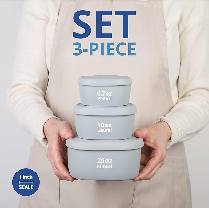 BLUE GINKGO Nesting Silicone Containers - Set of 3 Hard-Shell Silicone Food Storage Containers | BPA Free, Airtight, Dishwasher and Freezer Safe (6.7oz, 10oz, 20oz) - Grey-CubbioJoy