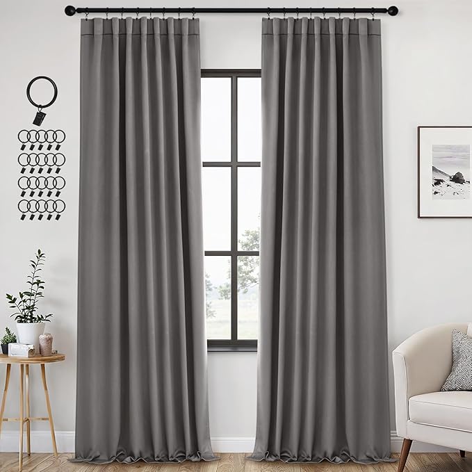 ANRODUO Back Tab Blackout Curtains for Bedroom Living Room, Rod Pocket Pinch Pleated Thermal Insulated Room Darkening Curtains 96 Inches Long 2 Panels, Grey, 42 x 96 Inch-CubbioJoy