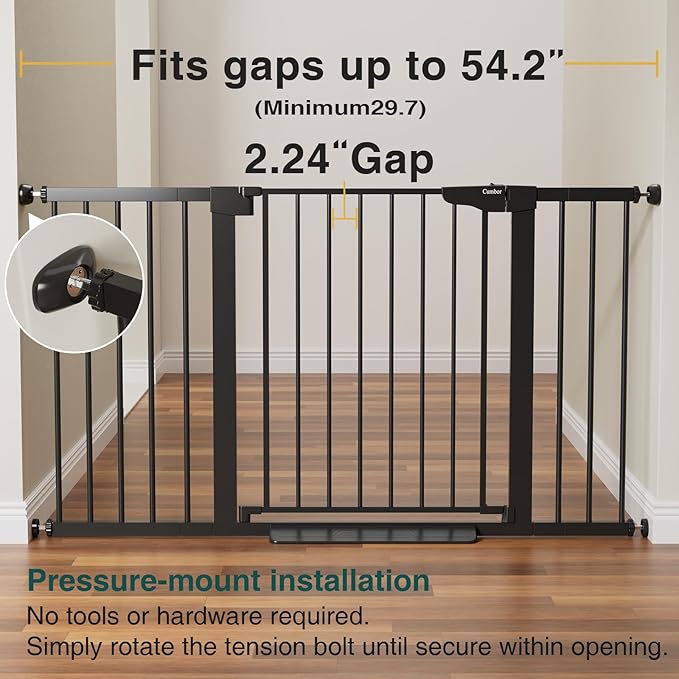 Cumbor 2 Pack 29.7-54.2" Baby Gate for Stairs, Mom's Choice Awards Winner-Auto Close Dog Gate for doorways, Easy Install Pressure Mounted Pet Gate Indoor, Walk Thru Wide Safety Gate for Dog, Black-CubbioJoy
