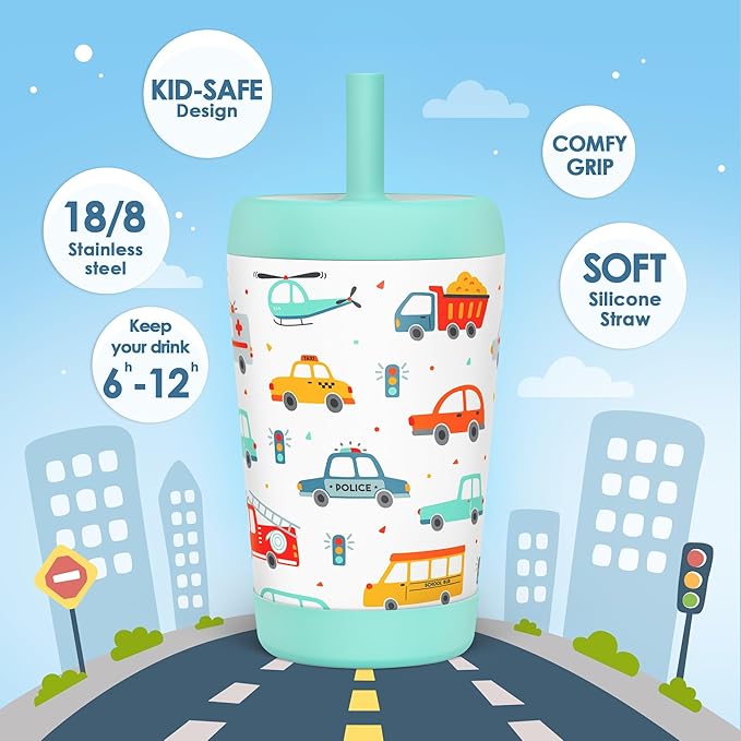 Kid Insulated Stainless Steel Tumbler with Silicone Straw, 12oz Sippy Cup for Kids (Transportation)-CubbioJoy