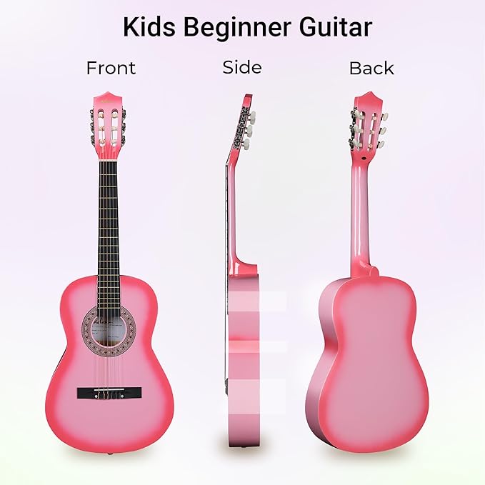 ADM Beginner Acoustic Classical Guitar 36 Inch Nylon Strings Wooden Guitar Bundle Kit for Kid Boy Girl Student Youth Guitarra Online Lessons with Gig Bag, Strap, Tuner, Strings, Picks, Pink-CubbioJoy