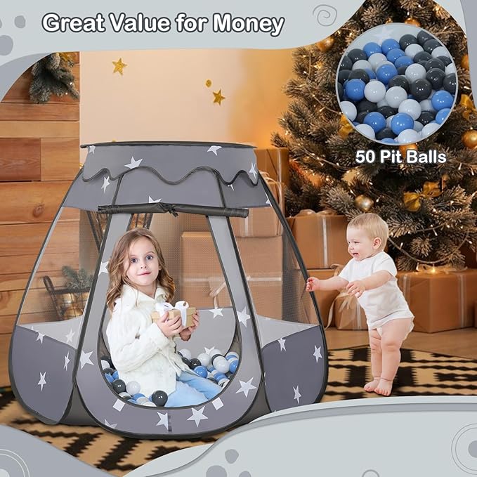 Baby Ball Pit for Toddler with 50 Balls, Kids Pop Up Play Tent for Girls, Princess Toys Gifts for Children Indoor & Outdoor Playhouse (Black: Gray/White/Babyblue, 109x90cm/50 Balls)-CubbioJoy