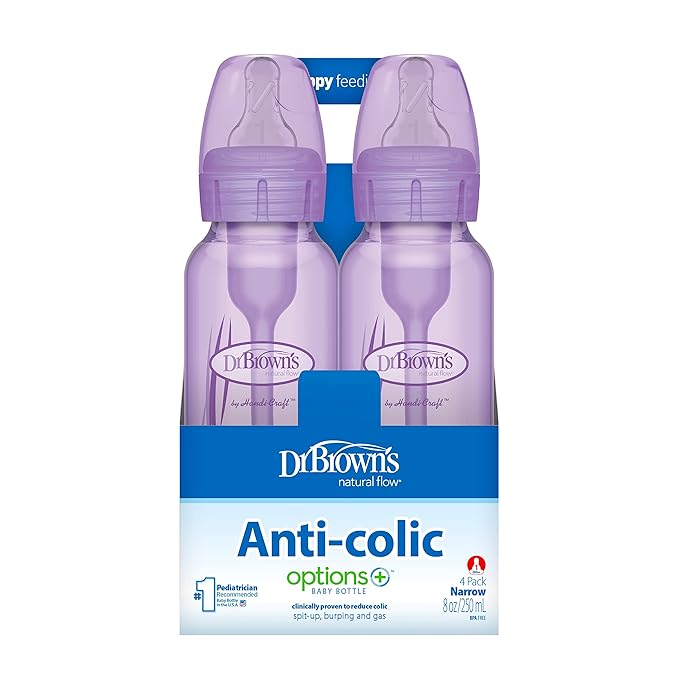 Dr. Brown’s Natural Flow® Anti-Colic Options+™ Narrow Baby Bottles, 8 oz/250ml, with Level 1 Slow Flow Nipple, 4 Pack, Purple/Clear-CubbioJoy