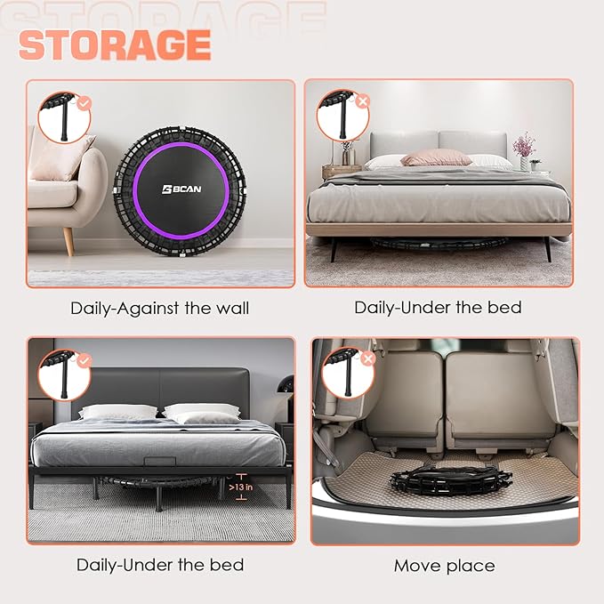 BCAN 40"/48" Mini Rebounder Trampoline for Adults with Bar, 450/550LBS Fitness Trampoline with Bungees, Adjustable Handle, Stable & Quiet, Indoor Outdoor, Whole-Body Workout & Relaxation at Home-CubbioJoy