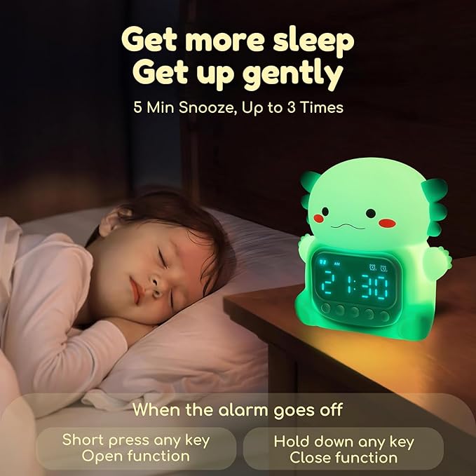 Axolotl Alarm Clock with Night Light for Kids, 7 RGB Color Cute Alarm Clocks for Bedrooms Ok to Wake Clocks, Silicone Animal Tabletop Lamp for Teen Girls Boys, Green-CubbioJoy