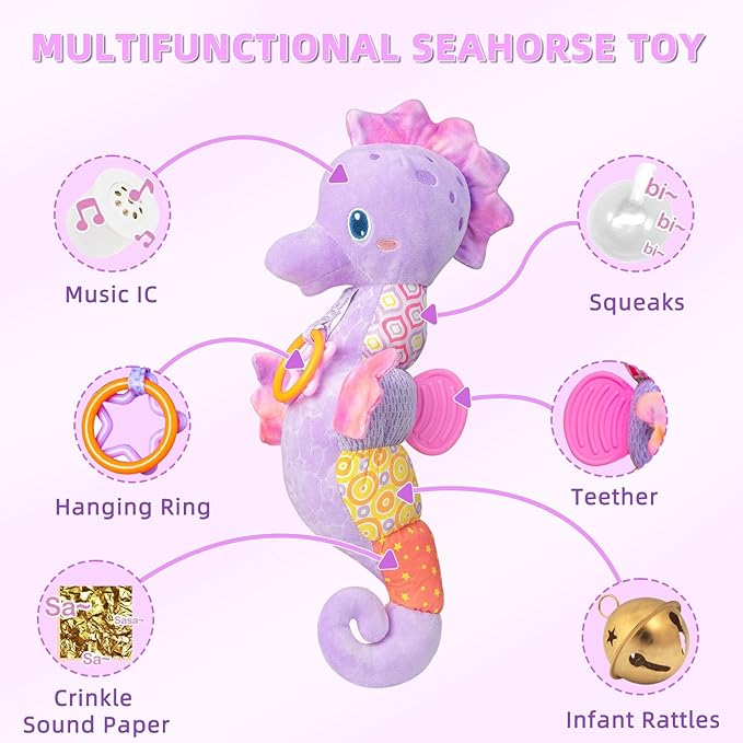 Baby Toys 0-6 Months,Infant Musical Seahorse Stuffed Animals Sensory Toys with Bright Colors,Multiple Textures,Rattles & Crinkle Sound Paper,Tummy Time Toy for Newborn Boys Girls 0-12 Months-Purple-CubbioJoy