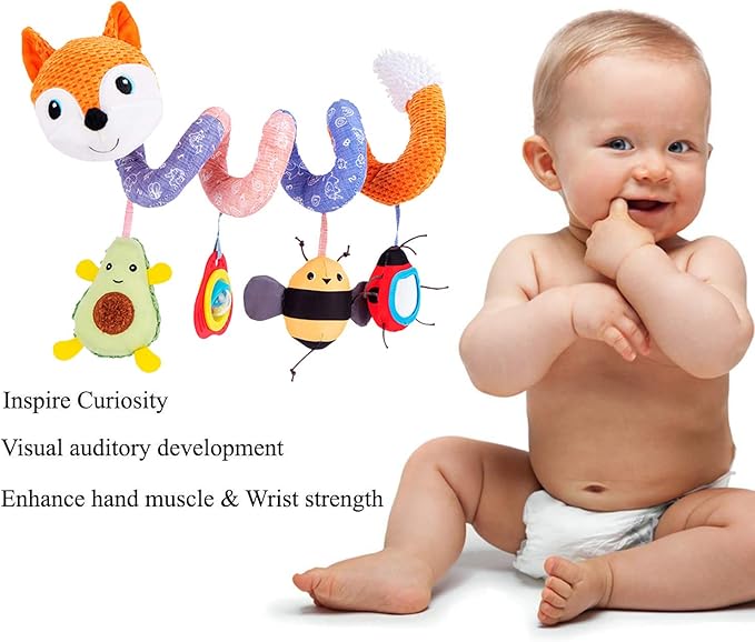 Car Seat Toys, Baby Plush Spiral Hanging Toys for Stroller Crib Bar Bassinet Car Seat Mobile with Music Box BB Squeaker Rattles- Orange Fox-CubbioJoy