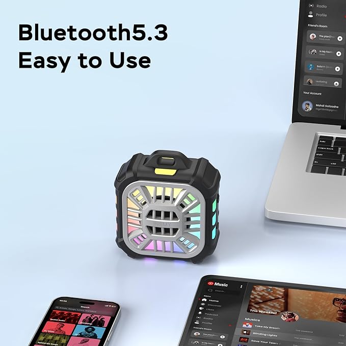 INSMY IP67 Waterproof Bluetooth Speaker, Shower Speaker Portable Small Clip-on, Multi Sync 100+ Speakers, Big Volume Booming Bass, 24H Playtime/Floatable/RGB Lights for Outdoor/Kayak/Beach (Black)-CubbioJoy