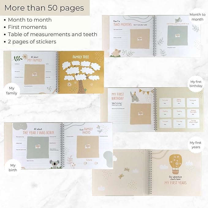 Baby Book Keepsake Gender Neutral to Paste Photos and Writing with +50 Pages and Stickers - Baby Memory Book from the First Year to 5th - Newborn Gifts, Baby Shower and Gender Reveal-CubbioJoy