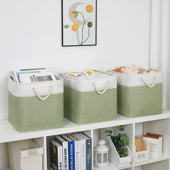 Bidtakay Cubby Storage Bins Set of 3 Fabric Baskets for Shelves Closet Drawer Organizer Storage Cubes 13x13 Collapsible Organization Baskets for Nursery Toy Shelf (White&green)-CubbioJoy