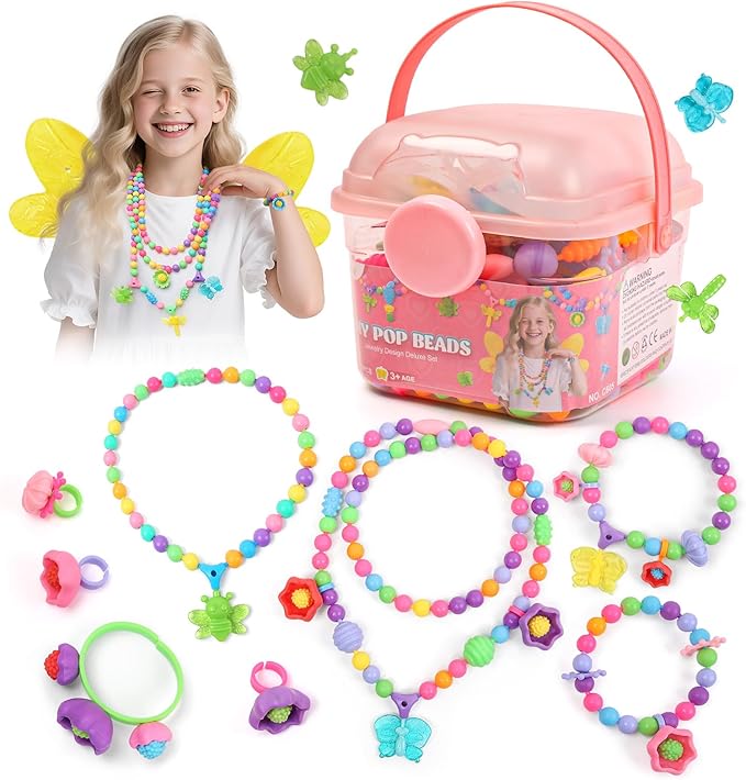 BIRANCO. Deluxe Beading Set with 350+ Pop Beads Include Butterfly, Bee, Dragonfly with Transparent Wings, and Ladybug Jewelry Making Kit for Kids Ages 3-8-CubbioJoy