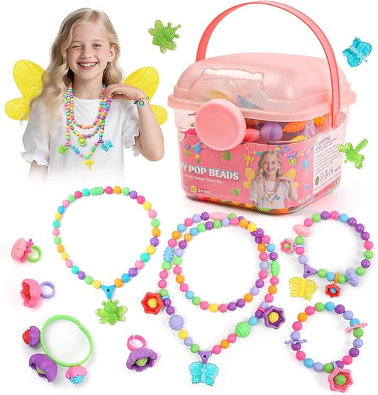 BIRANCO. Deluxe Beading Set with 350+ Pop Beads Include Butterfly, Bee, Dragonfly with Transparent Wings, and Ladybug Jewelry Making Kit for Kids Ages 3-8-CubbioJoy