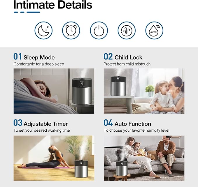 4.5L Humidifiers for Bedroom Large Room, Ultrasonic Cool Mist Humidifier with Stainless Steel Tank for Boiling Cleaning, Top Fill Humidifier with Smart Humidistat & Timer, Sleep Mode-CubbioJoy