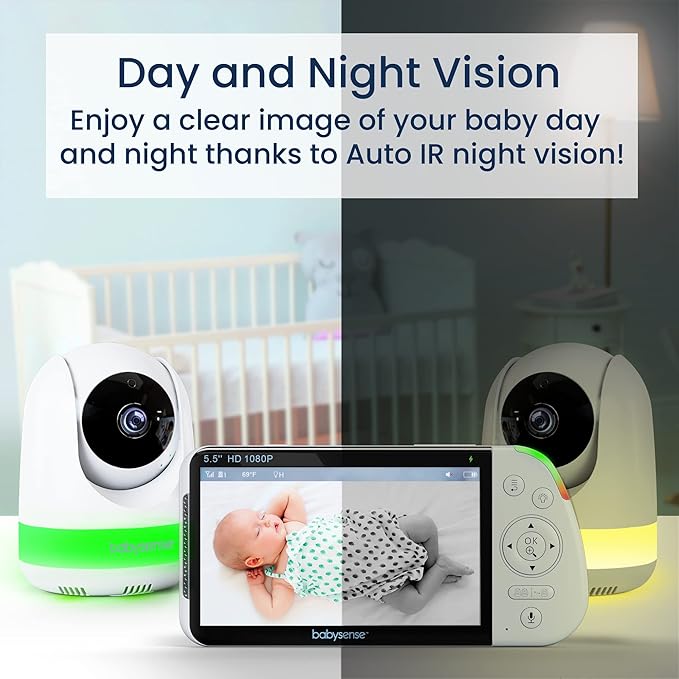 Babysense 5.5" Full-HD Split-Screen Baby Monitor, 1080p Video Baby Monitor with Camera and Audio, 3 Cameras with 6-Color RGB Night Light, 1000ft Range, Two-Way Audio, 4X Zoom, Large Battery-CubbioJoy