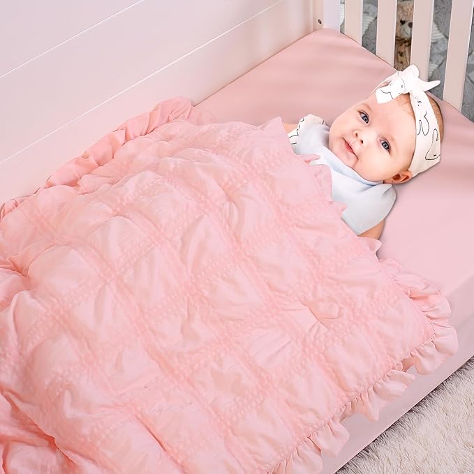 Cloele 3 Pieces Crib Bedding Set for Girls,Standard Size Pink Ruffled Nursery Crib Baby Bedding Set Includes Comforter Fitted Sheet Crib Skirt -Girls Solid Seersucker Ruffle Quilt-CubbioJoy