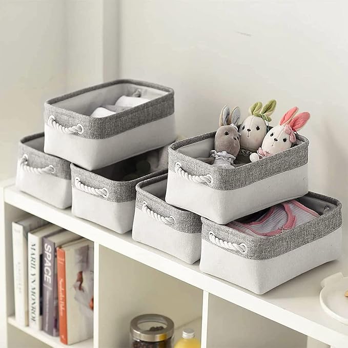 Basket for Organizing Cube Stgorage Bin - Small 6 Pack Fabric Storage Cubes Collapsible Baskets for Shelves with Rope, Bins for Organization Closet Cloth Toy Laundry Canvas (Grey&White 12x8x5.2 inch)-CubbioJoy
